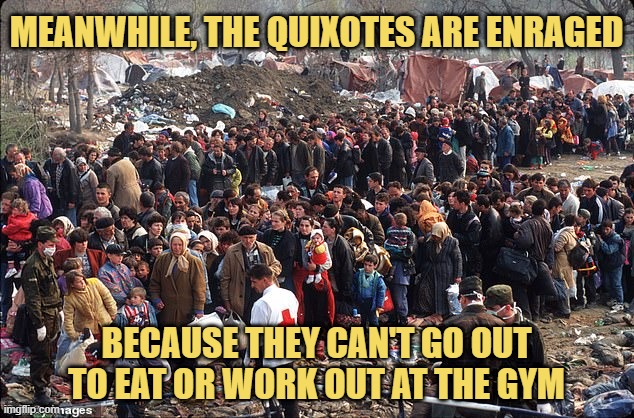 Entitled Americans | MEANWHILE, THE QUIXOTES ARE ENRAGED; BECAUSE THEY CAN'T GO OUT TO EAT OR WORK OUT AT THE GYM | image tagged in covid,trump,qanon,fox news | made w/ Imgflip meme maker