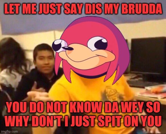 LET ME JUST SAY DIS MY BRUDDA; YOU DO NOT KNOW DA WEY SO WHY DON'T I JUST SPIT ON YOU | image tagged in i'm just gonna say it,ugandan knuckles,do you know da wae,dank memes,funny memes,da wae | made w/ Imgflip meme maker