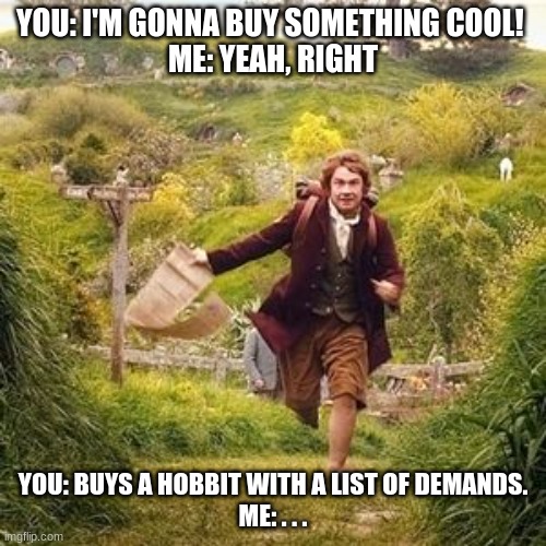Hobbit adventure | YOU: I'M GONNA BUY SOMETHING COOL! 
ME: YEAH, RIGHT; YOU: BUYS A HOBBIT WITH A LIST OF DEMANDS.
ME: . . . | image tagged in hobbit adventure,buying hobbit,funny,memes | made w/ Imgflip meme maker