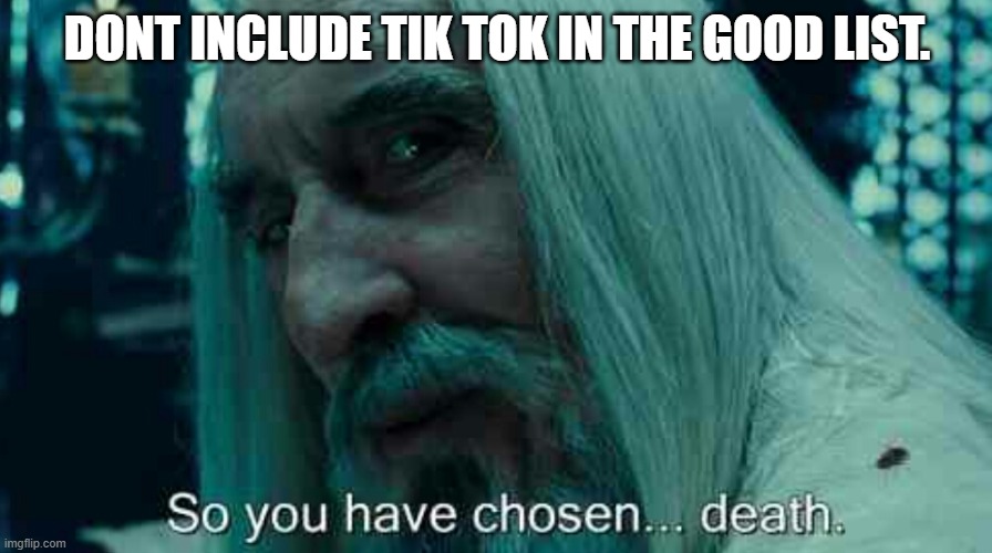 So you have chosen death | DONT INCLUDE TIK TOK IN THE GOOD LIST. | image tagged in so you have chosen death | made w/ Imgflip meme maker