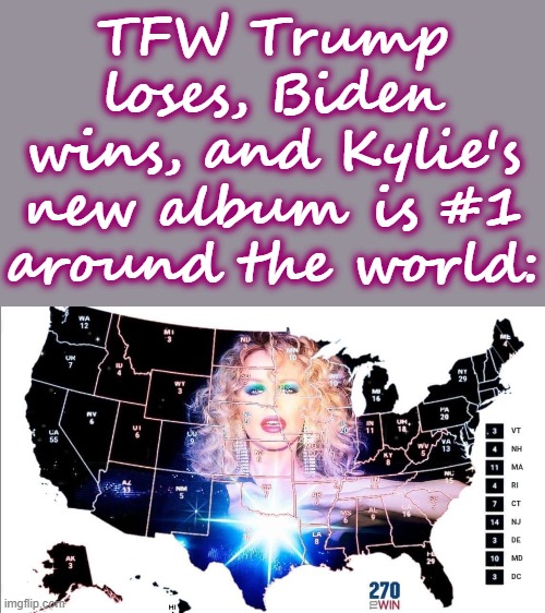 tl;dr it's a good week to be a Kamikaze. | TFW Trump loses, Biden wins, and Kylie's new album is #1 around the world: | image tagged in kylie usa map,pop music,election 2020,2020 elections,usa | made w/ Imgflip meme maker