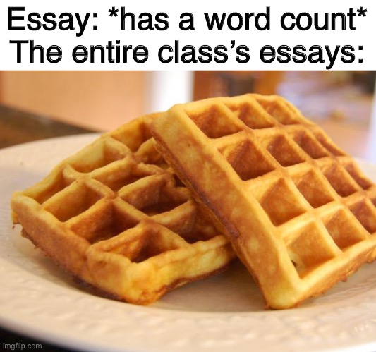 wafflerrr | Essay: *has a word count*
The entire class’s essays: | image tagged in essay waffle | made w/ Imgflip meme maker