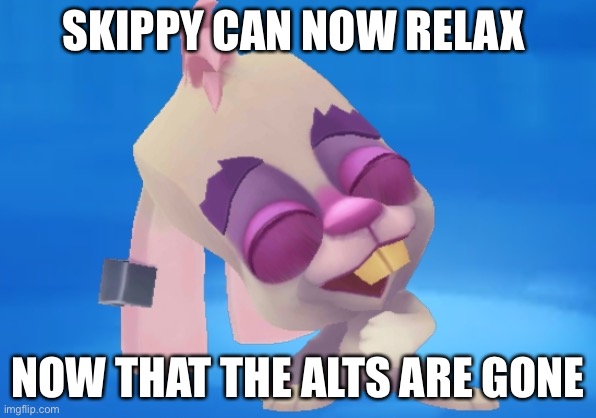 Relax | SKIPPY CAN NOW RELAX; NOW THAT THE ALTS ARE GONE | image tagged in skippy | made w/ Imgflip meme maker