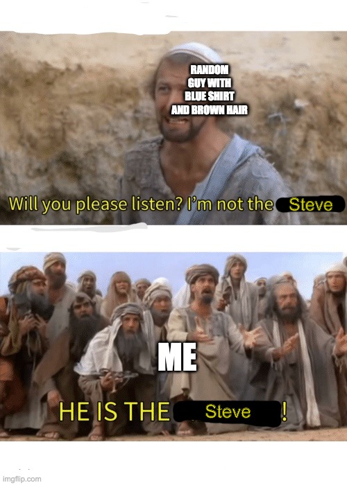 yes | RANDOM GUY WITH BLUE SHIRT AND BROWN HAIR; Steve; ME; Steve | image tagged in he is the messiah | made w/ Imgflip meme maker