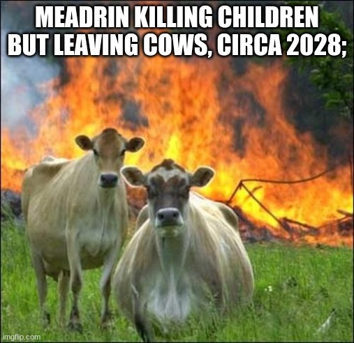 Evil Cows Meme | MEADRIN KILLING CHILDREN BUT LEAVING COWS, CIRCA 2028; | image tagged in memes,evil cows | made w/ Imgflip meme maker