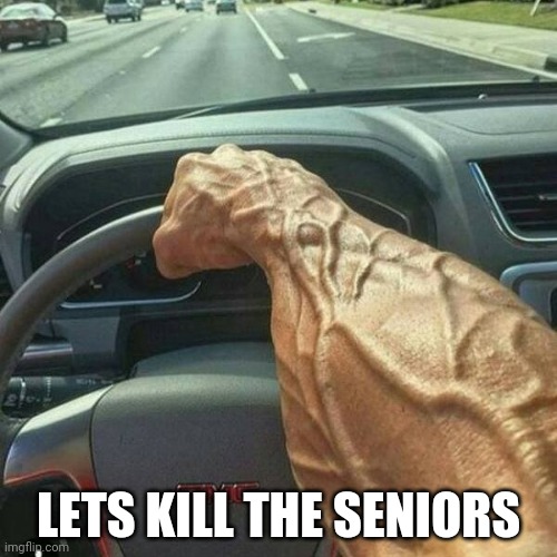 Muscle Arm Driver | LETS KILL THE SENIORS | image tagged in muscle arm driver | made w/ Imgflip meme maker