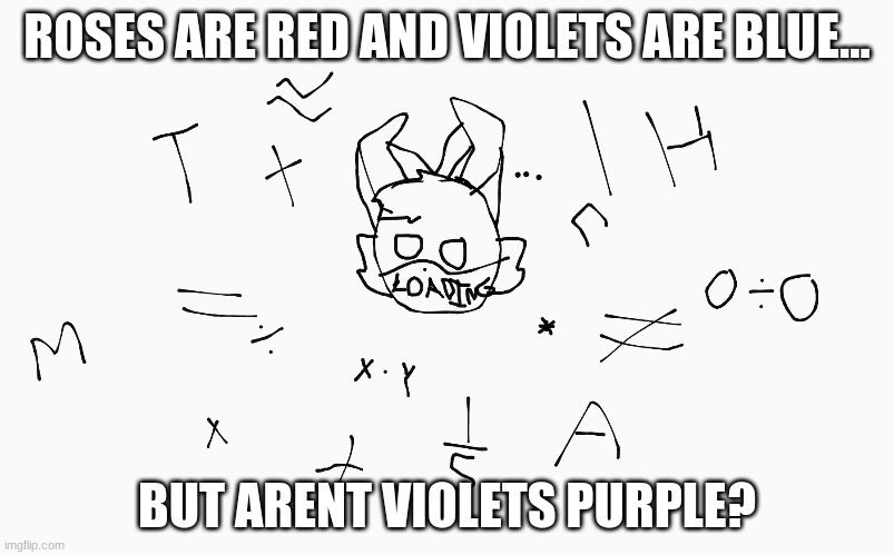 moka is thinking ( mokas my wolfgan oc) | ROSES ARE RED AND VIOLETS ARE BLUE... BUT ARENT VIOLETS PURPLE? | image tagged in funny | made w/ Imgflip meme maker