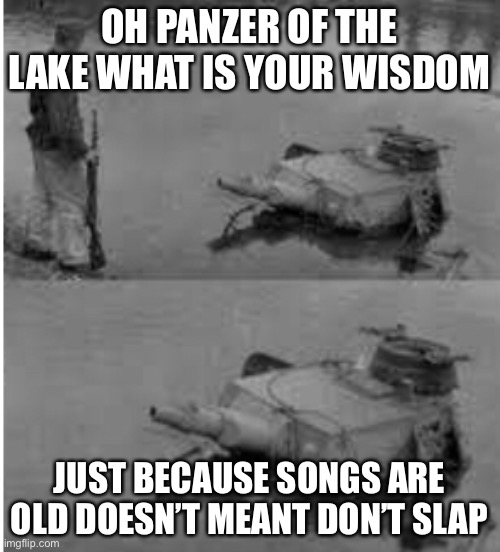 PANZER THE WISE |  OH PANZER OF THE LAKE WHAT IS YOUR WISDOM; JUST BECAUSE SONGS ARE OLD DOESN’T MEANT DON’T SLAP | image tagged in funny,tru | made w/ Imgflip meme maker