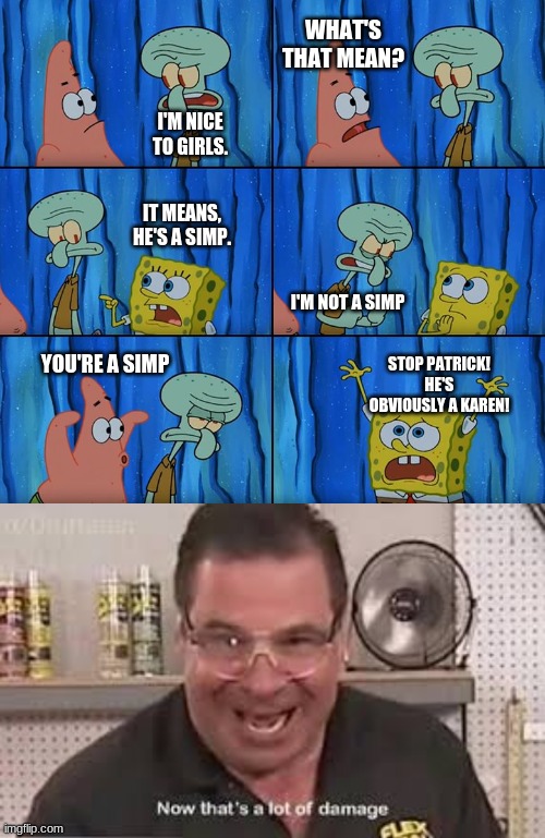 That is Though! | WHAT'S THAT MEAN? I'M NICE TO GIRLS. IT MEANS, HE'S A SIMP. I'M NOT A SIMP; YOU'RE A SIMP; STOP PATRICK! HE'S OBVIOUSLY A KAREN! | image tagged in stop it patrick you're scaring him | made w/ Imgflip meme maker
