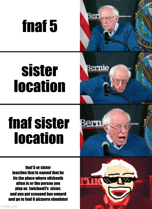 Bernie Sanders reaction (nuked) | fnaf 5; sister location; fnaf sister location; fnaf 5 or sister loaction that is named that bc its the place where elizbaeth afton is or the person you play as  (michael)'s  sister. and you get scooped bye ennard and go to fnaf 6 pizzaera simulator | image tagged in bernie sanders reaction nuked | made w/ Imgflip meme maker