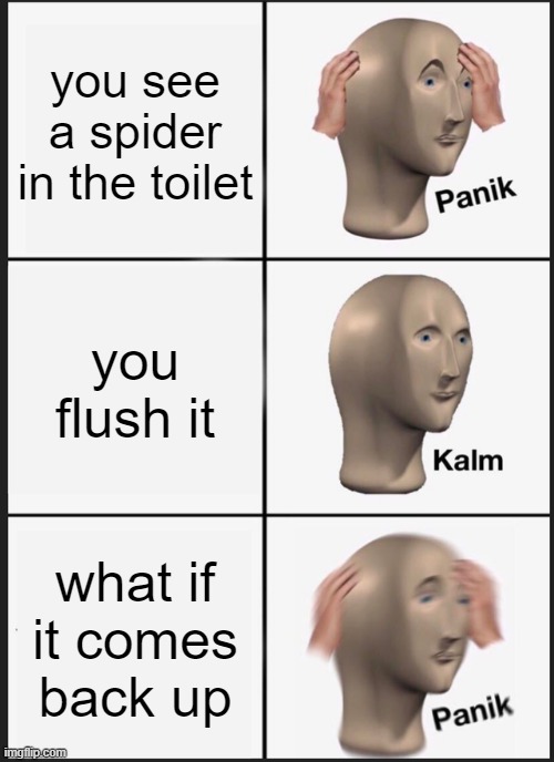 Panik Kalm Panik | you see a spider in the toilet; you flush it; what if it comes back up | image tagged in memes,panik kalm panik | made w/ Imgflip meme maker