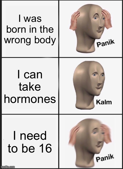 Can I have estrogen? No? PANIK | I was born in the wrong body; I can take hormones; I need to be 16 | image tagged in memes,panik kalm panik,transgender,transfemme | made w/ Imgflip meme maker