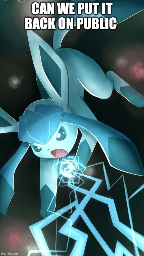 Glaceon use ice beam | CAN WE PUT IT BACK ON PUBLIC | image tagged in glaceon use ice beam | made w/ Imgflip meme maker