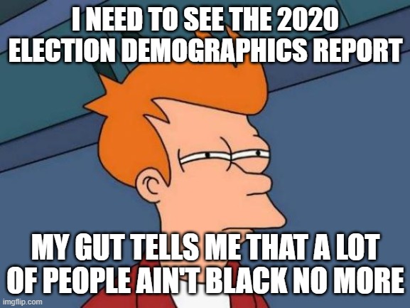 not black no more | I NEED TO SEE THE 2020 ELECTION DEMOGRAPHICS REPORT; MY GUT TELLS ME THAT A LOT OF PEOPLE AIN'T BLACK NO MORE | image tagged in memes,futurama fry | made w/ Imgflip meme maker