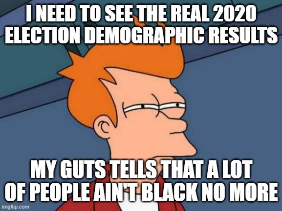 not black | I NEED TO SEE THE REAL 2020 ELECTION DEMOGRAPHIC RESULTS; MY GUTS TELLS THAT A LOT OF PEOPLE AIN'T BLACK NO MORE | image tagged in memes,futurama fry | made w/ Imgflip meme maker