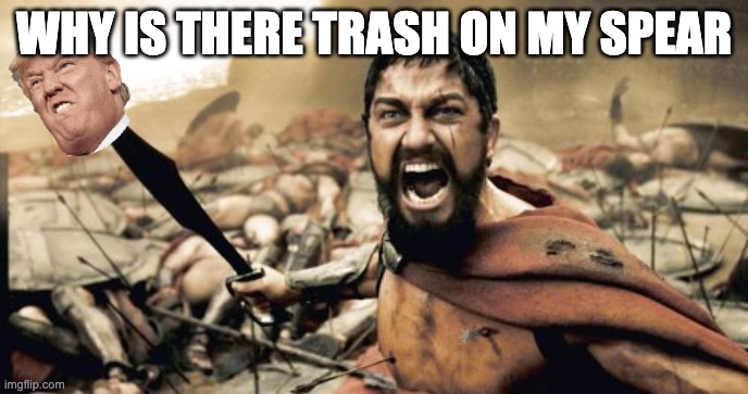 trash spear | WHY IS THERE TRASH ON MY SPEAR | image tagged in memes,sparta leonidas | made w/ Imgflip meme maker