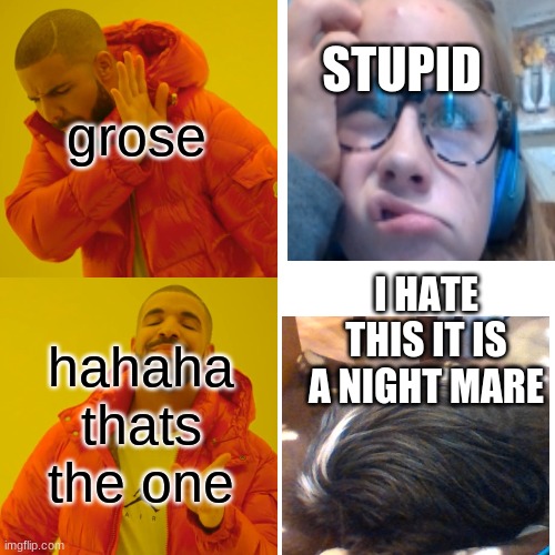 Drake Hotline Bling Meme | grose; STUPID; I HATE THIS IT IS A NIGHT MARE; hahaha thats the one | image tagged in memes,drake hotline bling | made w/ Imgflip meme maker