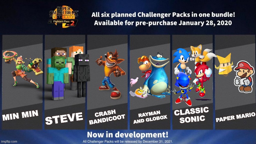 Who i hope the next 4 fighters are | CRASH 
BANDICOOT; STEVE; CLASSIC SONIC; RAYMAN AND GLOBOX; PAPER MARIO; MIN MIN | image tagged in fighters pass vol 2 meme version 3,paper mario,classic sonic,crash bandicoot,rayman | made w/ Imgflip meme maker