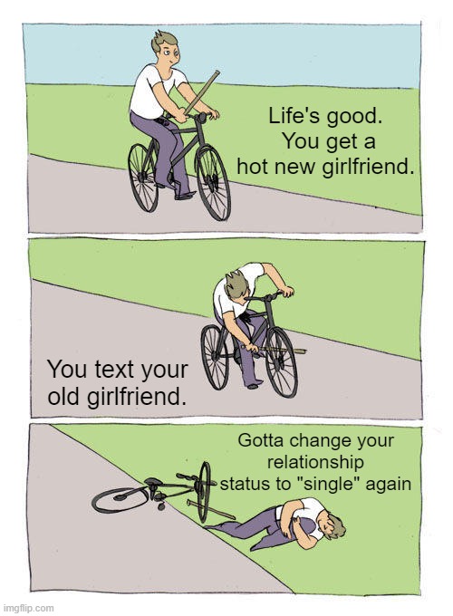 Life Fail! | Life's good.  You get a hot new girlfriend. You text your old girlfriend. Gotta change your relationship status to "single" again | image tagged in memes,bike fall,girlfriend,loser,single,alone | made w/ Imgflip meme maker