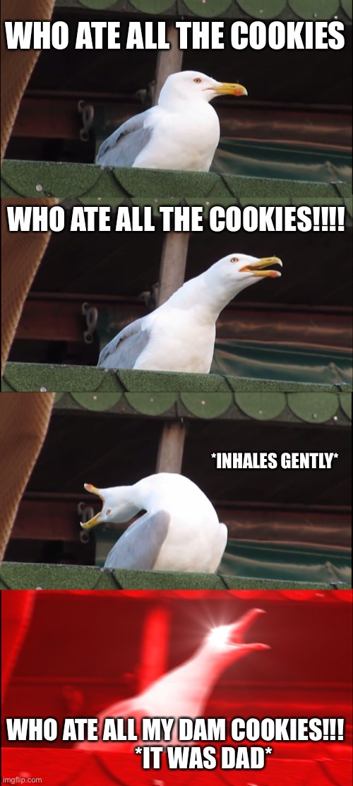 Inhaling Seagull | WHO ATE ALL THE COOKIES; WHO ATE ALL THE COOKIES!!!! *INHALES GENTLY*; WHO ATE ALL MY DAM COOKIES!!!
            *IT WAS DAD* | image tagged in memes,inhaling seagull | made w/ Imgflip meme maker