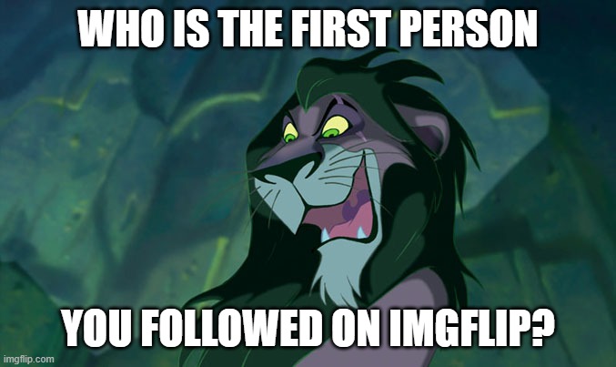Well, who is it? | WHO IS THE FIRST PERSON; YOU FOLLOWED ON IMGFLIP? | image tagged in scar lion king,memes,question,captain scar,followers | made w/ Imgflip meme maker