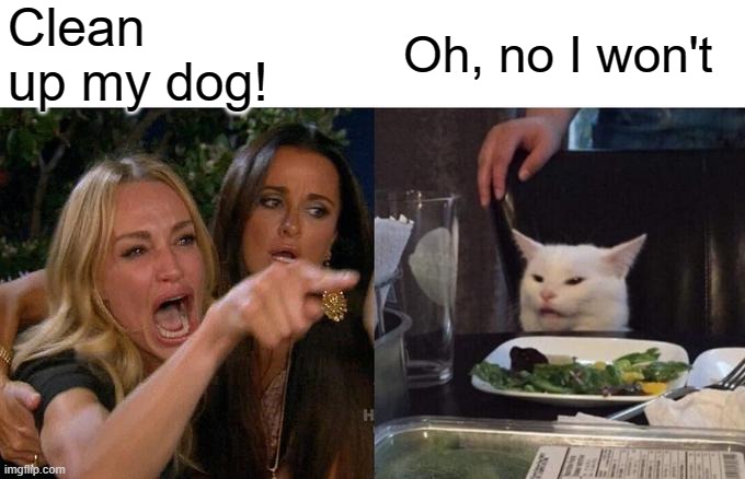 Woman Yelling At Cat Meme | Clean up my dog! Oh, no I won't | image tagged in memes,woman yelling at cat | made w/ Imgflip meme maker