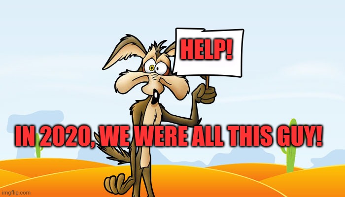 Wile E. Coyote Sign | HELP! IN 2020, WE WERE ALL THIS GUY! | image tagged in wile e coyote sign | made w/ Imgflip meme maker