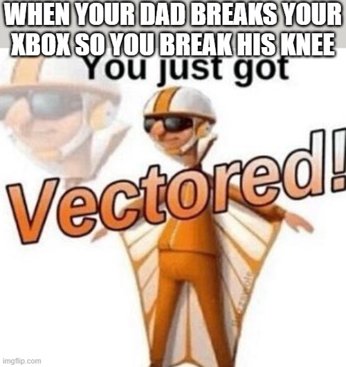 You just got vectored |  WHEN YOUR DAD BREAKS YOUR XBOX SO YOU BREAK HIS KNEE | image tagged in you just got vectored,i'm 15 so don't try it,who reads these | made w/ Imgflip meme maker