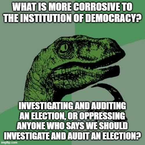 Philosoraptor Meme | WHAT IS MORE CORROSIVE TO THE INSTITUTION OF DEMOCRACY? INVESTIGATING AND AUDITING AN ELECTION, OR OPPRESSING ANYONE WHO SAYS WE SHOULD INVE | image tagged in memes,philosoraptor | made w/ Imgflip meme maker