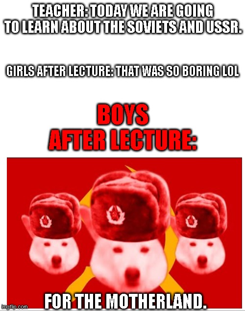 Communist doggo bois | TEACHER: TODAY WE ARE GOING TO LEARN ABOUT THE SOVIETS AND USSR. GIRLS AFTER LECTURE: THAT WAS SO BORING LOL; BOYS AFTER LECTURE:; FOR THE MOTHERLAND. | image tagged in communist,funny memes,fun,memes,girls vs boys,dogs | made w/ Imgflip meme maker