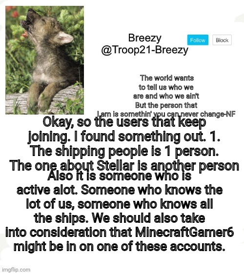 Trooper21-Breezy template | Okay, so the users that keep joining. I found something out. 1. The shipping people is 1 person. The one about Stellar is another person; Also it is someone who is active alot. Someone who knows the lot of us, someone who knows all the ships. We should also take into consideration that MinecraftGamer6 might be in on one of these accounts. | image tagged in trooper21-breezy template | made w/ Imgflip meme maker
