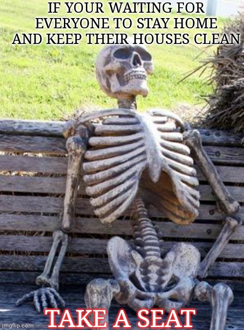 Waiting Skeleton | IF YOUR WAITING FOR EVERYONE TO STAY HOME AND KEEP THEIR HOUSES CLEAN; TAKE A SEAT | image tagged in memes,waiting skeleton | made w/ Imgflip meme maker