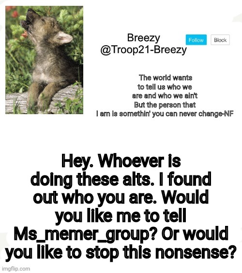 Trooper21-Breezy template | Hey. Whoever is doing these alts. I found out who you are. Would you like me to tell Ms_memer_group? Or would you like to stop this nonsense? | image tagged in trooper21-breezy template | made w/ Imgflip meme maker