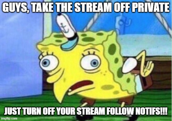 Mocking Spongebob Meme | GUYS, TAKE THE STREAM OFF PRIVATE; JUST TURN OFF YOUR STREAM FOLLOW NOTIFS!!! | image tagged in memes,mocking spongebob | made w/ Imgflip meme maker