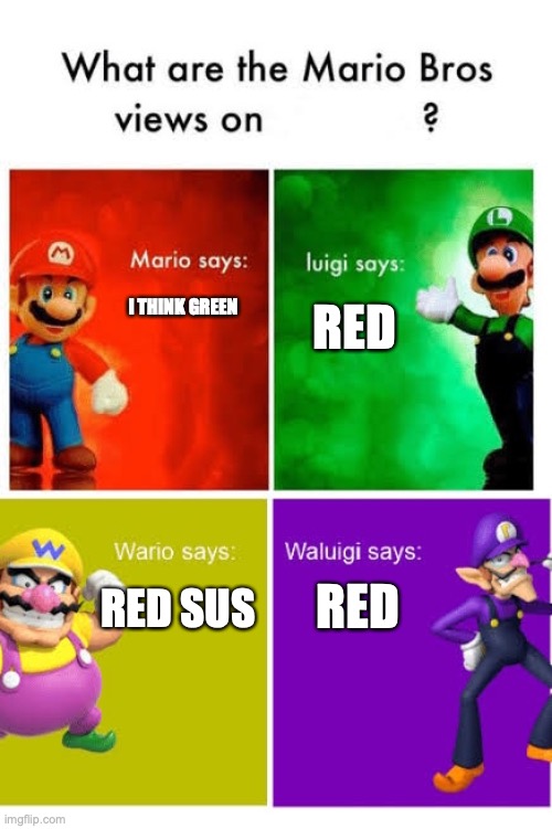 red was the impostor (0 impostors remain) | I THINK GREEN; RED; RED; RED SUS | image tagged in mario broz misc views | made w/ Imgflip meme maker