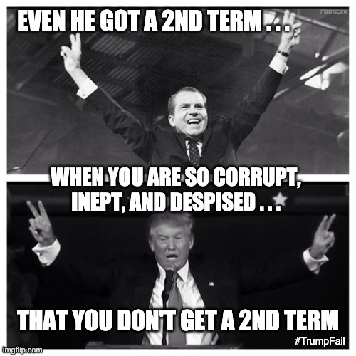 I guess one is not like the other . . . | EVEN HE GOT A 2ND TERM . . . WHEN YOU ARE SO CORRUPT, INEPT, AND DESPISED . . . THAT YOU DON'T GET A 2ND TERM; #TrumpFail | image tagged in trump nixon,election,president,loser,failure,corruption | made w/ Imgflip meme maker