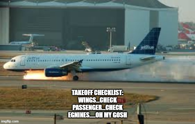 TAKEOFF CHECKLIST:
WINGS...CHECK
PASSENGER...CHECK
EGNINES.....OH MY GOSH | image tagged in funny | made w/ Imgflip meme maker