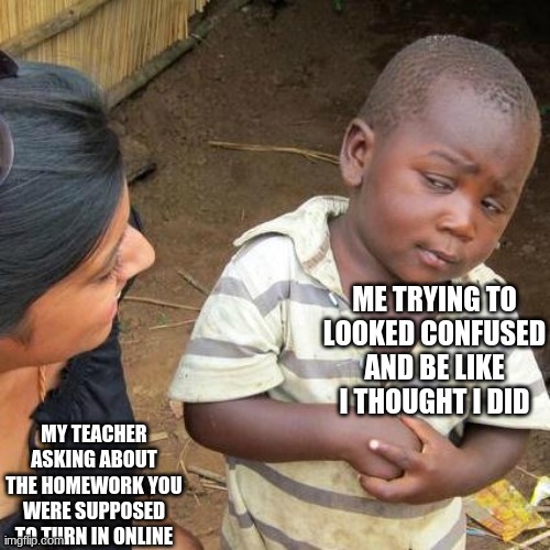 Third World Skeptical Kid | ME TRYING TO LOOKED CONFUSED AND BE LIKE I THOUGHT I DID; MY TEACHER ASKING ABOUT THE HOMEWORK YOU WERE SUPPOSED TO TURN IN ONLINE | image tagged in memes,third world skeptical kid | made w/ Imgflip meme maker