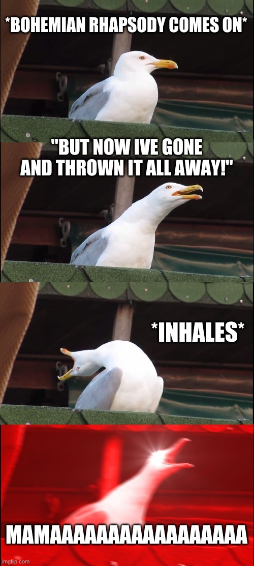 Inhaling Seagull | *BOHEMIAN RHAPSODY COMES ON*; "BUT NOW IVE GONE AND THROWN IT ALL AWAY!"; *INHALES*; MAMAAAAAAAAAAAAAAAAA | image tagged in memes,inhaling seagull | made w/ Imgflip meme maker