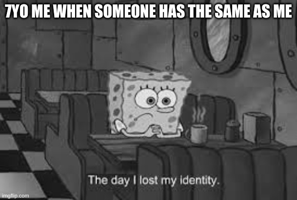 true | 7YO ME WHEN SOMEONE HAS THE SAME AS ME | image tagged in the day i lost my identity | made w/ Imgflip meme maker
