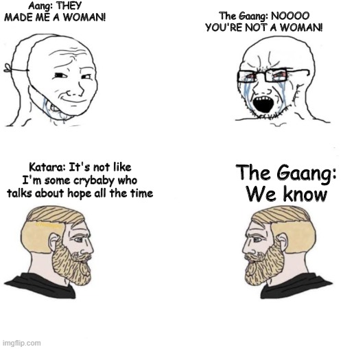 It's from the ember island players episode | Aang: THEY MADE ME A WOMAN! The Gaang: NOOOO YOU'RE NOT A WOMAN! Katara: It's not like I'm some crybaby who talks about hope all the time; The Gaang: We know | image tagged in chad we know | made w/ Imgflip meme maker