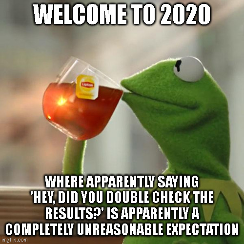 1000's of ballots, sorted into piles, hours and hours on end... double check to make sure everythings legit? naah!! | WELCOME TO 2020; WHERE APPARENTLY SAYING 'HEY, DID YOU DOUBLE CHECK THE RESULTS?' IS APPARENTLY A COMPLETELY UNREASONABLE EXPECTATION | image tagged in memes,but that's none of my business,kermit the frog | made w/ Imgflip meme maker