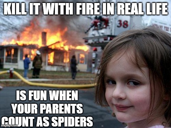 Kill it with fire | KILL IT WITH FIRE IN REAL LIFE; IS FUN WHEN YOUR PARENTS COUNT AS SPIDERS | image tagged in memes,disaster girl | made w/ Imgflip meme maker