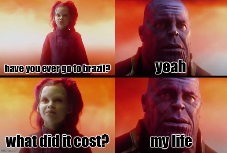 brazil go brrrrrrrrrrrrrr | have you ever go to brazil? yeah; what did it cost? my life | image tagged in thanos what did it cost | made w/ Imgflip meme maker