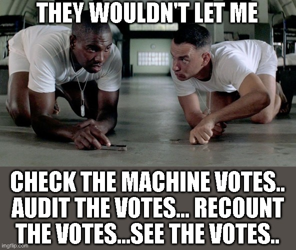 Forrest suddenly realised that maybe the Democrats weren't being all that truthful.. | THEY WOULDN'T LET ME; CHECK THE MACHINE VOTES.. AUDIT THE VOTES... RECOUNT THE VOTES...SEE THE VOTES.. | image tagged in forrest and bubba | made w/ Imgflip meme maker