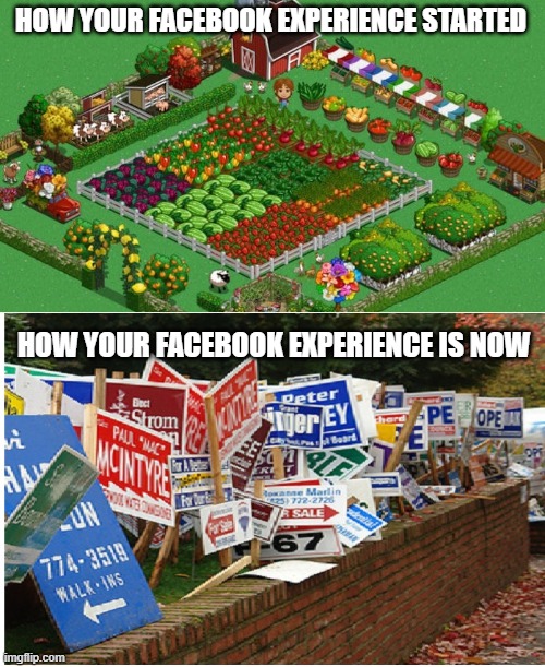 Facebook Then and Now | HOW YOUR FACEBOOK EXPERIENCE STARTED; HOW YOUR FACEBOOK EXPERIENCE IS NOW | image tagged in facebook then and now,imgflip humor | made w/ Imgflip meme maker