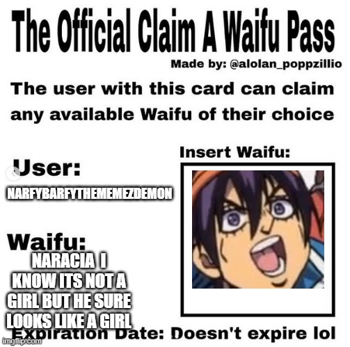 Official claim a waifu pass | NARFYBARFYTHEMEMEZDEMON NARACIA  I KNOW ITS NOT A GIRL BUT HE SURE LOOKS LIKE A GIRL | image tagged in official claim a waifu pass | made w/ Imgflip meme maker