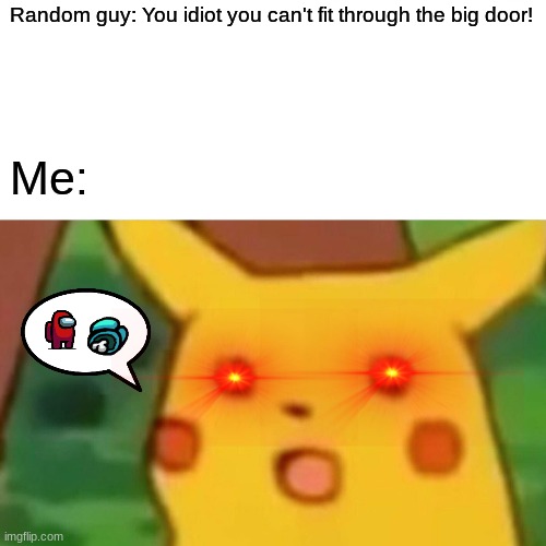 Surprised Pikachu | Random guy: You idiot you can't fit through the big door! Me: | image tagged in memes,surprised pikachu | made w/ Imgflip meme maker