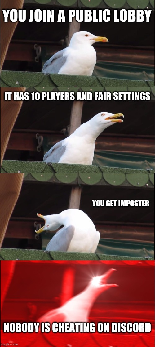 Public Lobbies | YOU JOIN A PUBLIC LOBBY; IT HAS 10 PLAYERS AND FAIR SETTINGS; YOU GET IMPOSTER; NOBODY IS CHEATING ON DISCORD | image tagged in memes,inhaling seagull,among us | made w/ Imgflip meme maker