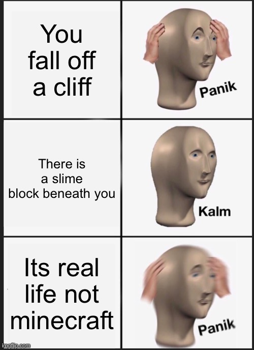Panik Kalm Panik | You fall off a cliff; There is a slime block beneath you; Its real life not minecraft | image tagged in memes,panik kalm panik | made w/ Imgflip meme maker